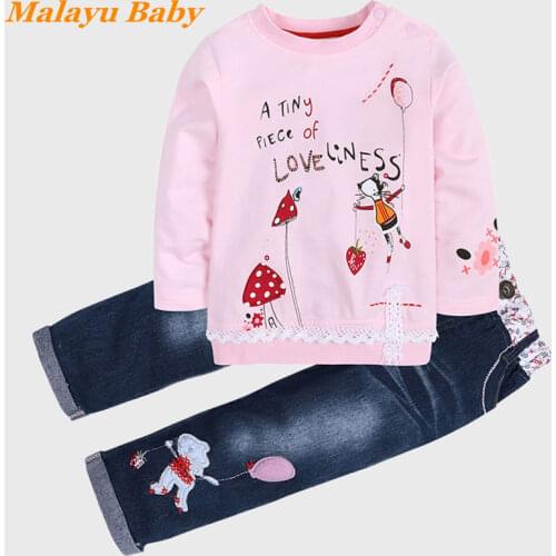 Malayu Baby Kids Girls Clothes Suit 2021 New Fashion Cartoon Sweatshirt Floral Jeans 2 Pcs Outfits 2-6 Years Child Costume