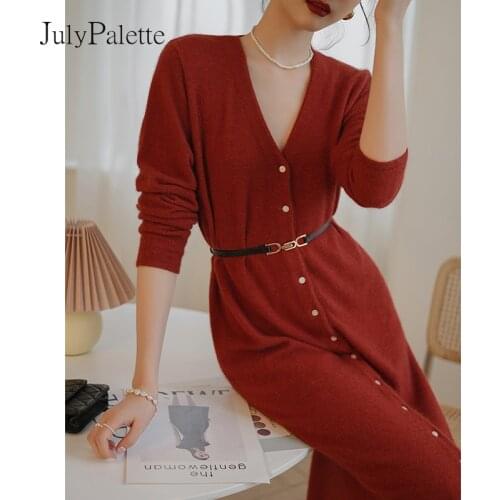 JulyPalette Elegant Ladies Single-breasted Knitting Dress French Vintage Women Long Sleeve A-line Dress Fall Mid Sweater Dress