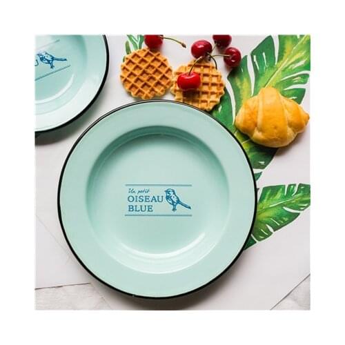 D=16cm/20cm Blue bird Japanese Style Household Breakfast Enamel Plate Thickened Tableware Dish Plate Flat Plate