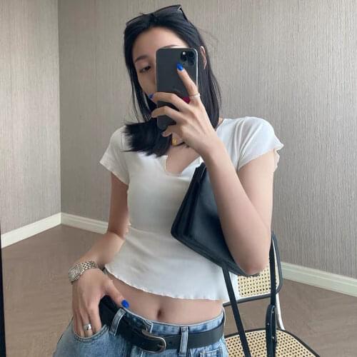Short Sleeve Tees Crop Top White Thin Fashion Woman Summer Clothes Solid Half Open Collar Aesthetic Casual Tee Shirt