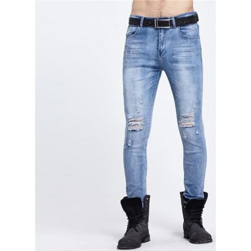 HOT 2020 Fashion Casual Youth micro elastic man jeans hole cutting knee damage hip hop streetwear Distressed mens feet pants