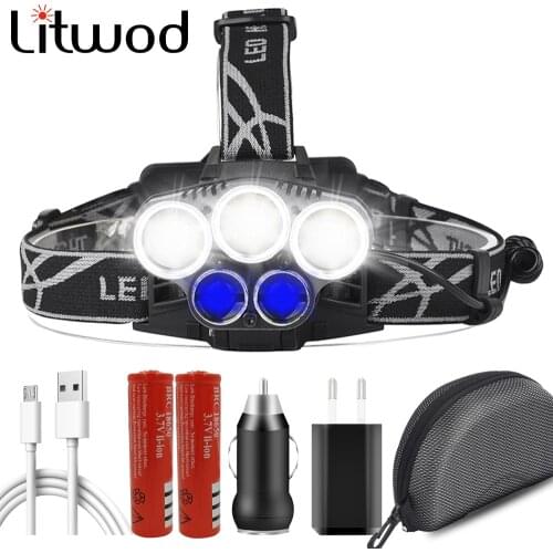 Powerful 5 Led Headlight Headlamp Micro USB Rechargeable 18650 Battery Head Flashlight Lamp Torch White & Blue Light for Fishing