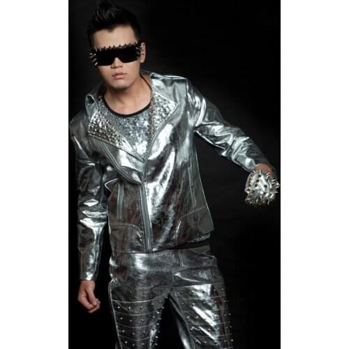 Silver black rivets fashion rock motorcycles leather jacket men singer mens leather jackets and coats personalized original