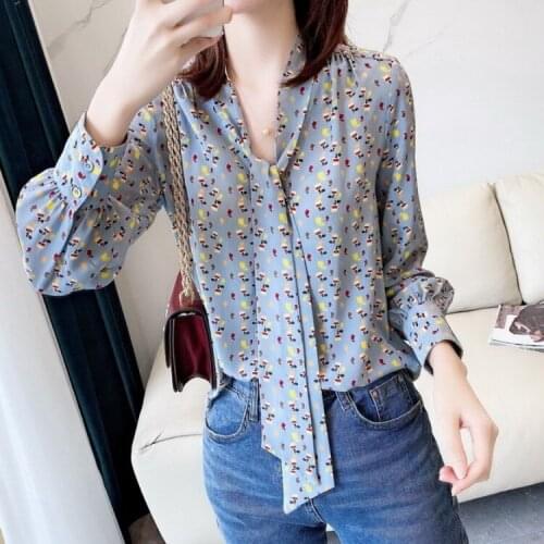 2020 Autumn New Fashion Elegant Womens Gentle Smart Elegant Perfume Printed Lace-up Long-Sleeved Shirt chiffon shirt v-neck