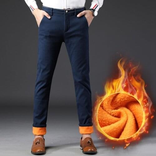 2020 Winter New Mens Warm Casual Pants Classic Style Business Fashion Thicken Slim Fit Fleece Trousers Black Blue Brand Clothes