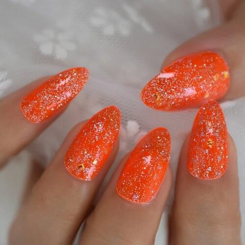 Orange Glitter Stiletto False Nails Jelly Neon Medium Press On Fingernails Transparent Tips Full Cover 24