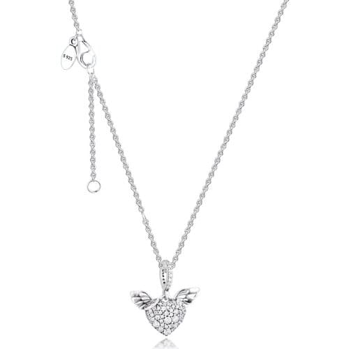 Pave Heart & Angel Wings Pendant Necklaces 100% 925 Sterling Silver Jewelry Free Shipping