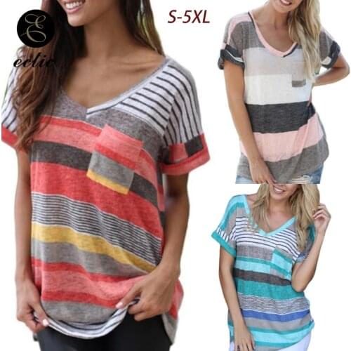 Tunic Big Plus Size 5xl Women Color Block Shirt Harajuku Oversized Red Green Rainbow Stripe Shirt Short Sleeve Deep V Neck Shirt