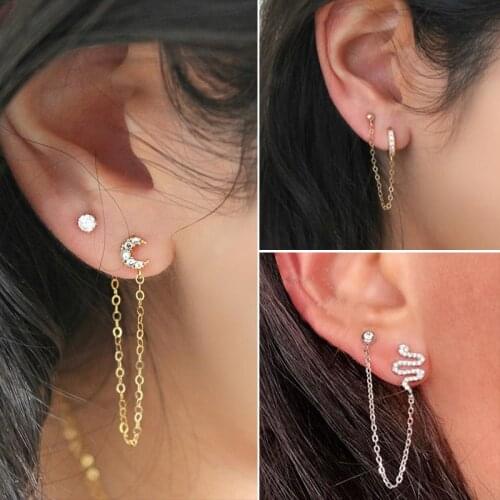 1 PCS Sweet Cute Moon Crystal Ear Cuff Pierced Clip Earring with Chian Trendy Simple Small Gold Color Snake Earrings Ear Jewelry