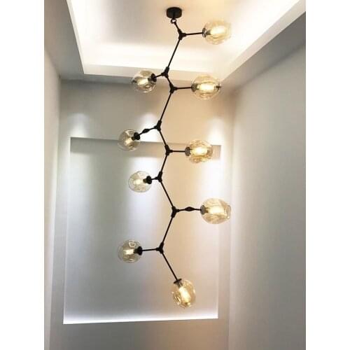 Modern long chandelier Vertical Black Gold Body big size molecule light suspension Stair bedroom glass bubble chandelier