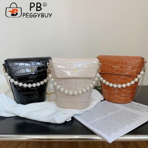 Retro Women Casual Bag Stone Pattern PU Shoulder Pearl Bucket Crossbody Bags Vintage Small Purse Ladies Handbags 2021 Hot