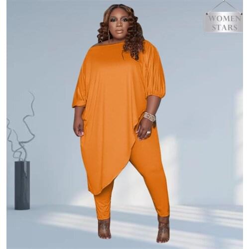 Plus Size Pants Two Piece Set Women Solid Long Style T Shirt Elastic Waist Leggings Loose Casual Outfits Wholesale Dropshipping