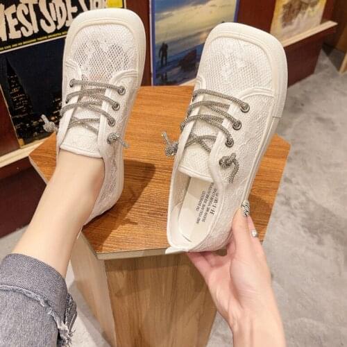 YSHUNIJ Net Shoes Womens Summer Thin Section 2021 New Square Toe Breathable Mesh Lace-up Shoes Trendy Comfortable White Shoes