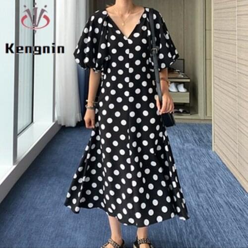 2021 Summer Womens Dresses Oversized V-Neck Lantern Sleeve Ladies Vestidos Dress Print Big Dot Bow Female Robe Dress KE1470