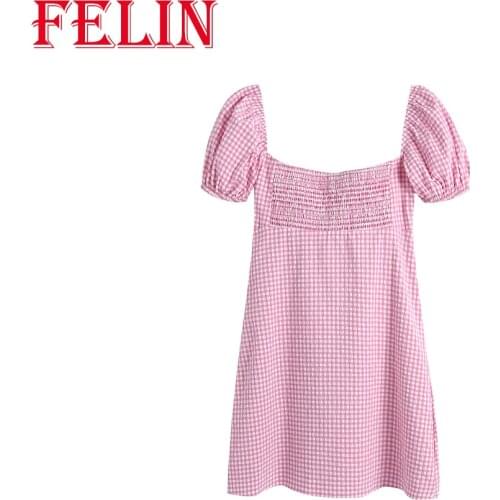 FELIN Za 2021 Women Pink Dress Short Puff Sleeve Plaid Print Vintage Fashion Summer Bodycon Dresses Sweet Mujer Vestidos
