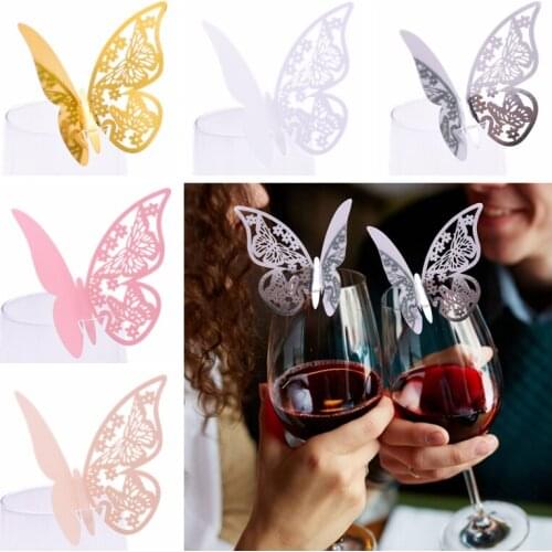 20pcs/lot Butterfly Paper Seat Place Card Gold Silver Butterfly Laser Cut Cup Card Wine Glass Cards for Wedding Party Decoration
