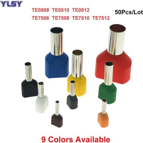 50pcs Dual Wire Tube Pre-insutated Cord End Crimp Terminals TE0508~7512 Electrical Cable Ferrules Copper 22-20AWG 0.5 -0.75mm²