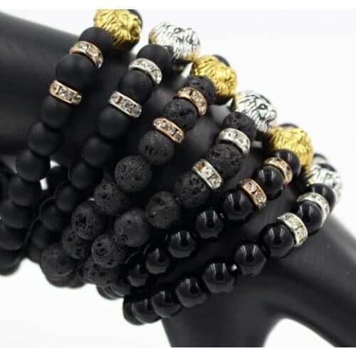 8mm 4yh micro pave cz zircon cubic zirconia elastic adjusted Charm Punk Charm nature lion head Lava Volcanic Stone Bracelet