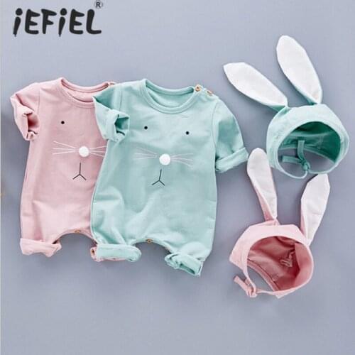 0-24M Newborn Infant Baby Boy Girl Easter Bunny Romper Bodysuit with Rabbit Ear Hat Long Sleeve Solid Color Jumpsuit Playsuit