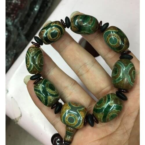 Energy Magical Tibetan Old Dragon Vein Green Agate 3 Eye Tiger-tooth Large dZi Bead Big Bracelet