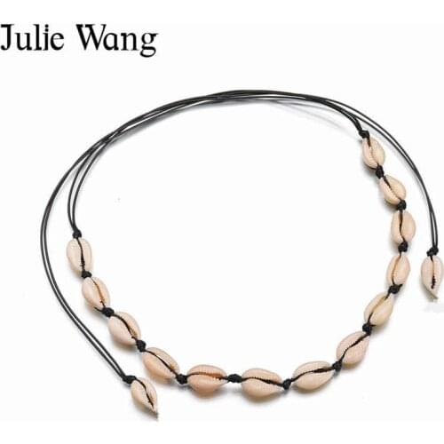 Julie Wang 1PCS Natural shell Necklace Women Summer Beach Fashion Jewelry Choker Handmade Necklace Man-made Leather Rope