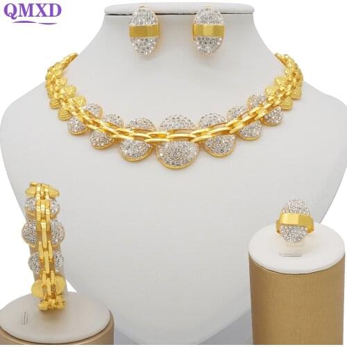 African Women Big Necklace Women Jewelry Sets Crystal Earrings Ring Classic Wedding Fashion Jewelry Set for Bride