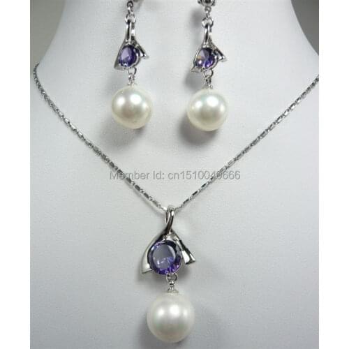 Hot sale FREE SHIPPING>>>>silver plate white shell pearl purple crystal pendant necklace earrings sete
