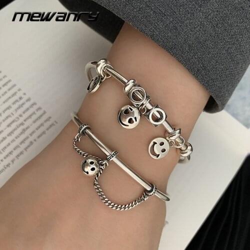 MEWANRY 925 Sterling Silver Bracelets New Fashion Accessories Vintage Hollow Smiley Face Bell Bangles Thai Silver Party Jewelry