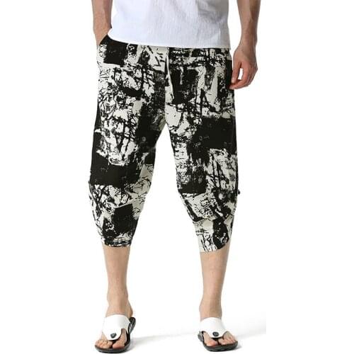 Graffiti Mens Trousers New Linen Calf-Length Print Pants Men Hawaiian Baggy Harem Pants Casual Breathable Harajuku Streetwear