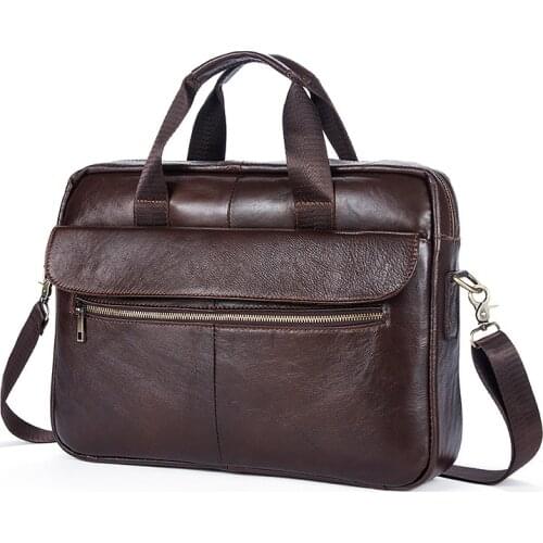 100% Guarantee Natural Genuine Leather Men Briefcase Vintage Cowskin 14" Inch Laptop Bag