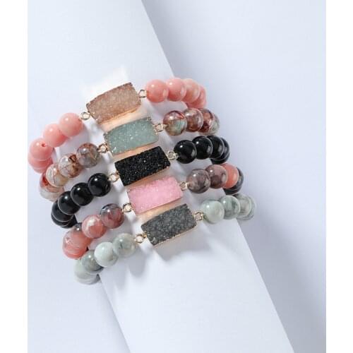 Natural Stone Beaded Rectangle Quartz Charm Bracelets for Women Black Stone Beads Druzy Bracelets Jewelry Wholesale B2432