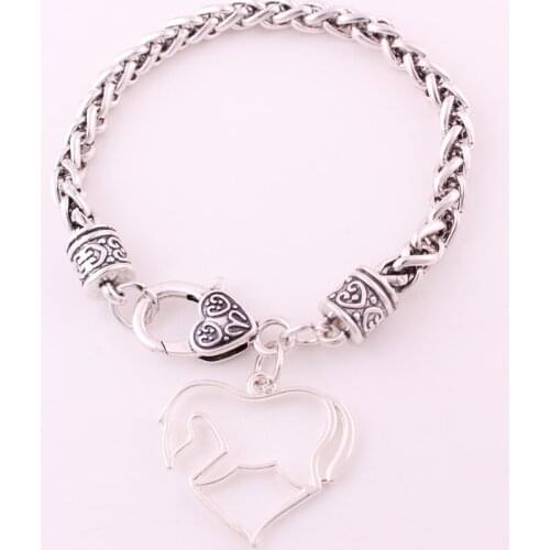 NEW ARRIVAL antique sliver plated Heart-shaped White Horse charm bracelet Lobster-claw-clasps