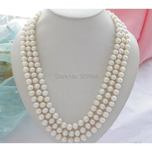 AA+ 3row 23" 10mm ROUND white freshwater pearl necklace