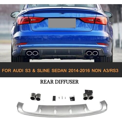 PP Car Rear Bumper Lip Diffuser With Exhaust Muffler Tips For Audi S3 Sline Sedan 4 Door Non A3 RS3 2014-2016