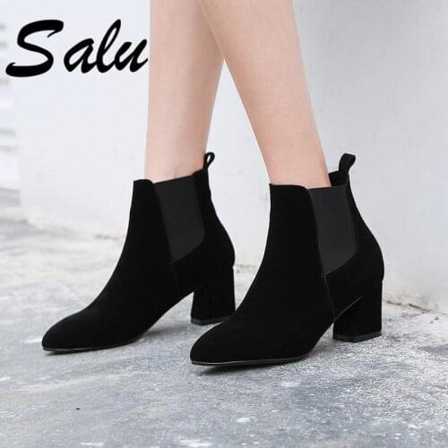 Salu Fashion Boots Women Ankle Boots Autumn Winter Warm Suede Leather High Heels Shoes Woman Tow Heel Design Basic Shoes