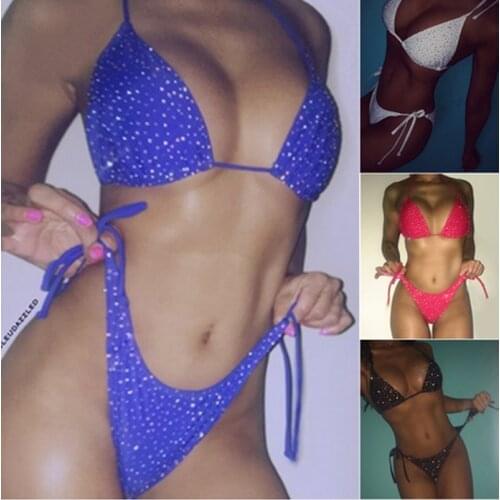 Sexy Women Thong Bikini Set Diamond Crystal Micro Bikinis Push-Up Bandage Adjustable Swimwear Swimsuit Bathing Suit Biquinis
