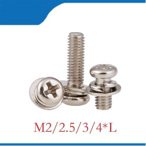 100pcM4*8/10/12/16 Phillips Pan Head Three Combination Screw Three sem screws with washer attached steel with nickel triad screw