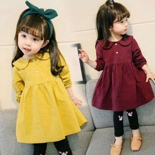 Baby Girls Spring Long-Sleeve Solid Dress Childrens Clothes One Piece Little Kid Cute Doll Collar Cartoon Princess Dresses X114