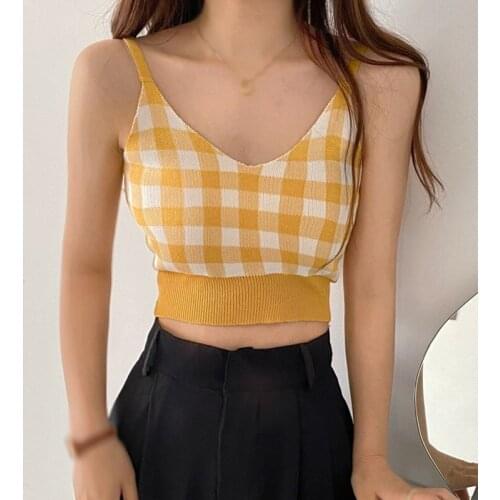 Women Plaid V Neck Camisole Female Slim Tank Tops Sexy Crop Top Fashion Knitted Camisole