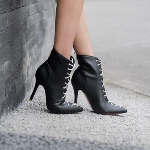 New Fashion Women Shoes Boots Ankle Boots Pointed Toe Lace up High Heel Boots Big Size Boots Black Red White Boots