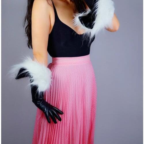 Womens fashion faux fur lining black pu leather glove ladys club performance formal party touchscreen long glove 50cm R2669