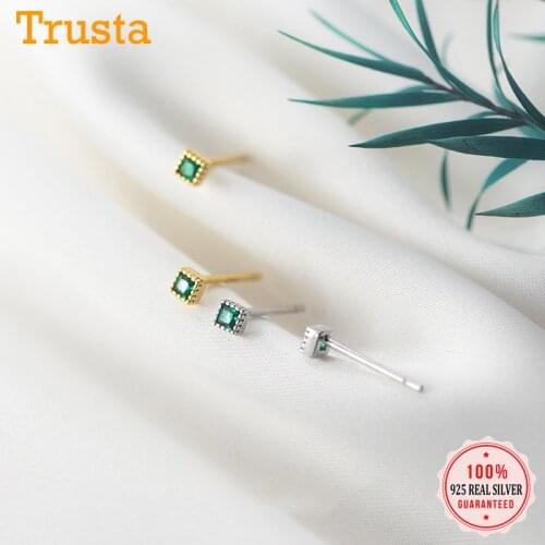 Trusta New Arrival Authentic 925 Sterling Silver Sweet Mini Green CZ Square Stud Earrings For Women Fashion Fine Jewelry DA857