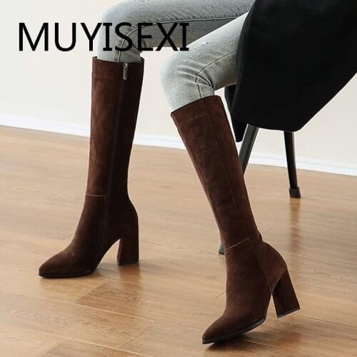 Brown 8cm Square High Heel Women Winter Boots Pointed Toe Knee High Boots Real Suede Leather Warm Sexy Fashion LDI10 MUYISEXI