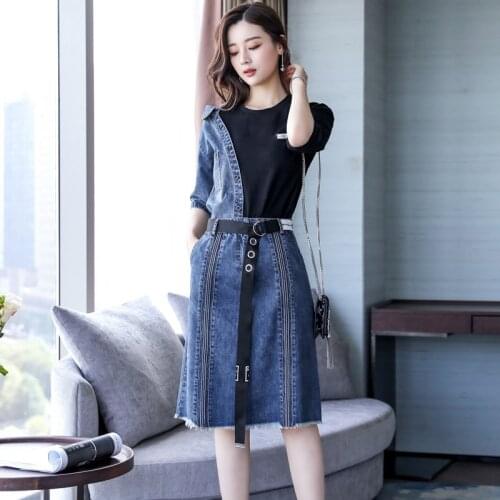 Spring Summer Dress Two Piec Womens Temperament Denim Suits Stitching Five-sleeve T-shirt + Denim Skirt Belt Fashion Outfit 105