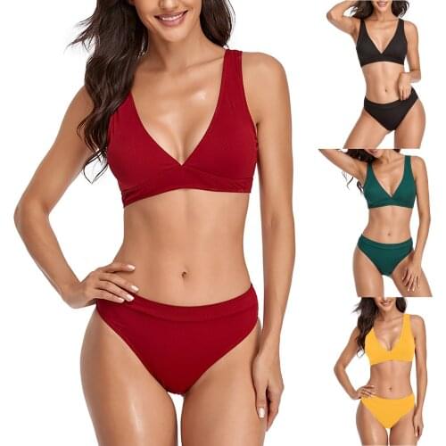 Womens fashion sexy neck strap split solid color swimsuit summer beach bathing swimsuit 2021 купальник Traje de baño