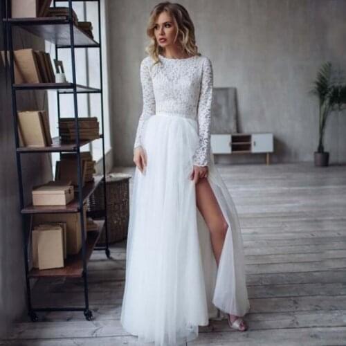 2021 Classic Sexy High Thigh Split Lace Bridal Wedding Dresses Two Pieces Long Sleeves Wedding Gowns for Bride Bateau Neckline