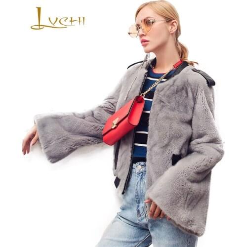 LVCHI 2019 Winter Velvet Mink Fur Coat Women Slim Loss O-Neck Pocket Real Fur Coats Short Full Sleeve Warm New Mink Fur Coats
