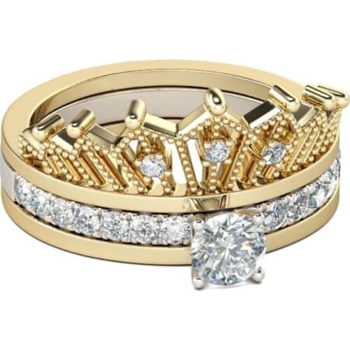 2Pcs Crown Ring for Women Round Cut Wedding Ring Sets Gold Plated Cubic Zirconia Engagement Rings Band Fashion Jewelry