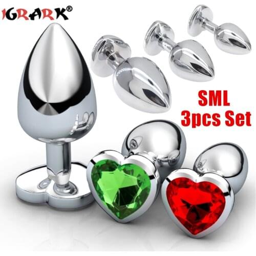 3Pcs Stainless Steel Anal Plug Buttplug G-Spot Stimulator Smooth Metal Crystal Jewelry Heart Shaped Sex Toys for Couples Adults