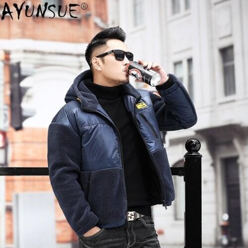 AYUNSUE Mens Down Jacket Men Clothing Winter Jackets Thick Clothes Real Wool Fur Coat Hooded Sheep Shearing Parka Veste LXR917